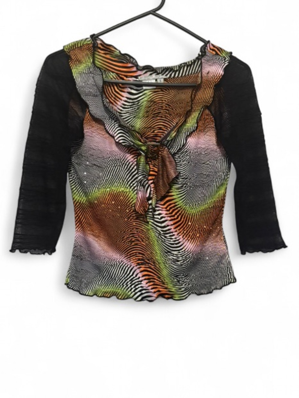 Y2k Alberto Makali Psychadelic Wave-Print Tie-Neck Top with Black Mesh Sleeves